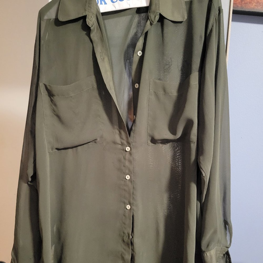 Sheer Green American Apparel Long Sleeve Button-Up